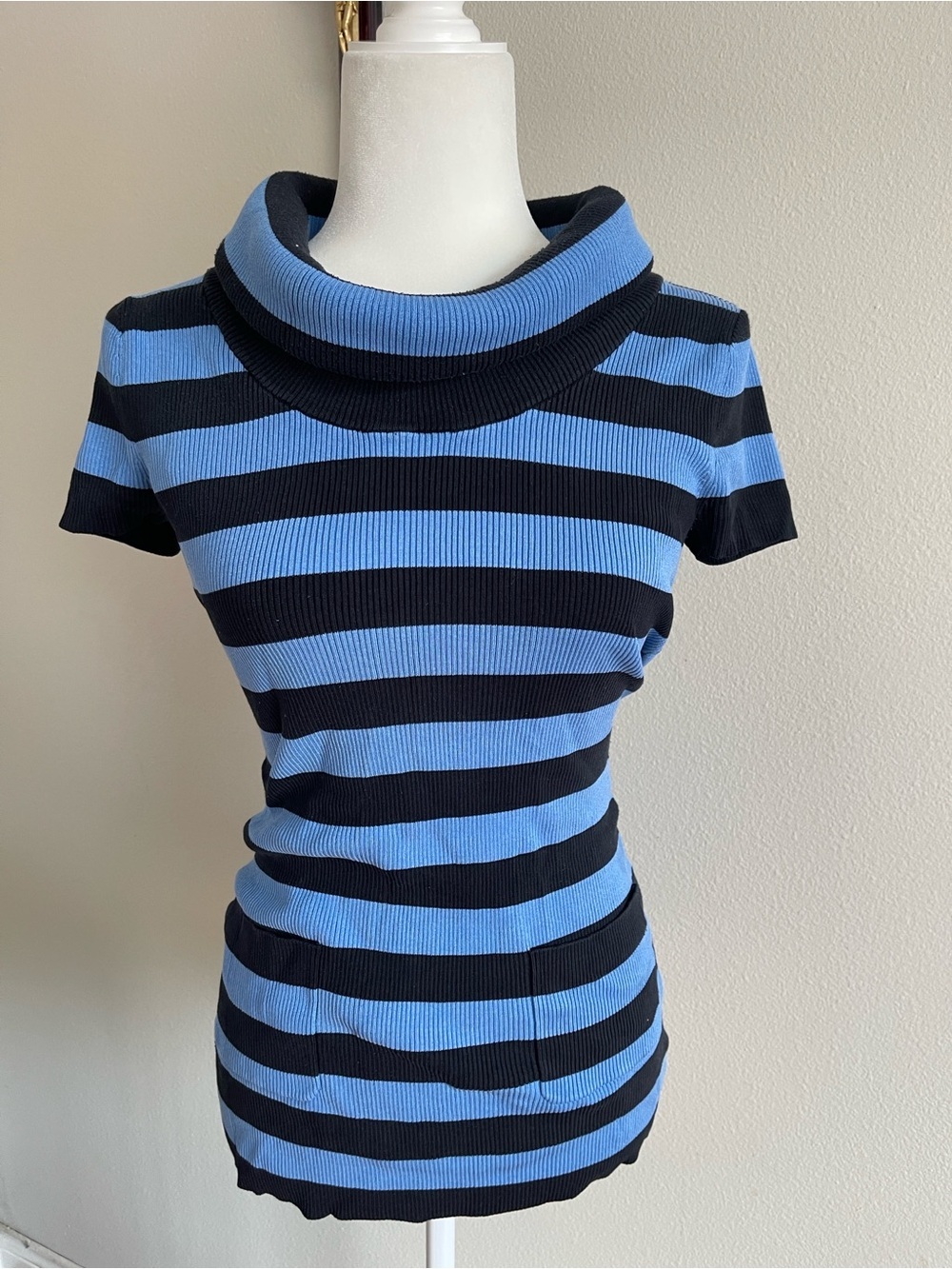 INC International Concepts Blue and Black Striped Short-Sleeve Cowl Neck Sweater